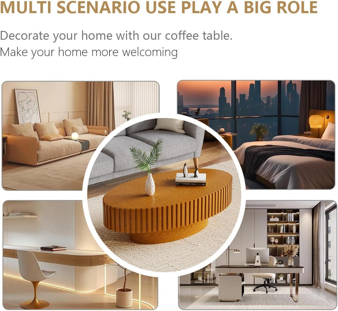 WXFKLDJ Oval Drum Coffee Table Black Round Fluted Coffee Table Wood Circle Center Table Pedestal End Table for Apartment Living Room (Light Brown Oval)