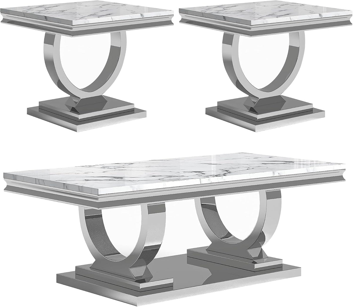 Marble Coffee Table Set of 3, Includes 1 Coffee Table with 2 Square End Side Tables, Luxury 3 Piece Living Room Table Set with White Faux Marble Tabletop & Silver Stainless Steel Base