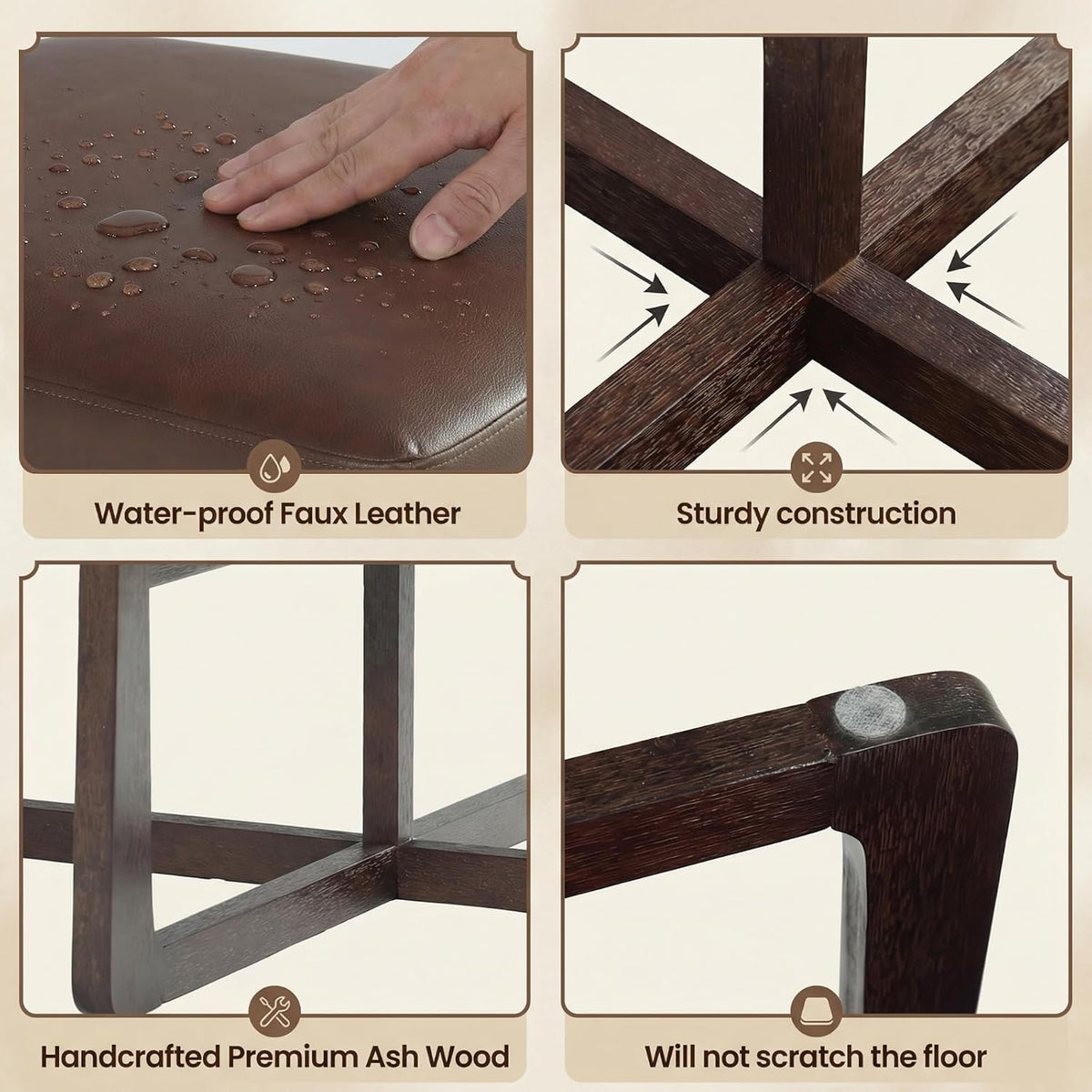 Faux Leather Square Coffee Table Ottoman,24' Coffee Table for Living Room Ottoman,Ash Wood Living Room Table,Small Footstool (Dark Brown)
