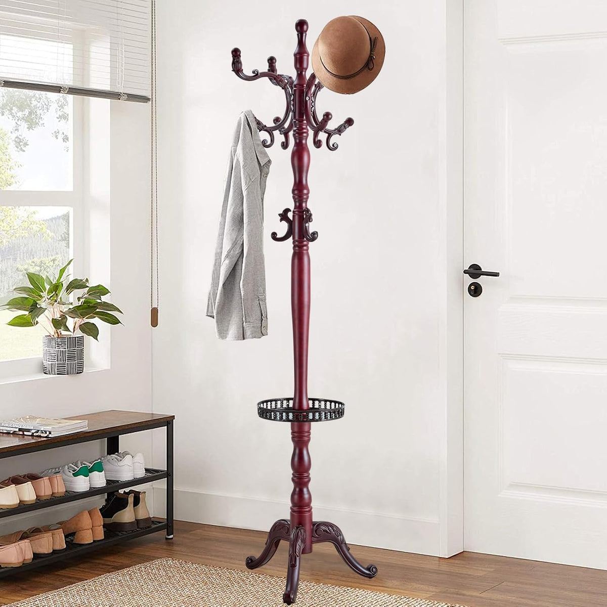 Wooden Coat Rack Freestanding, Vintage Coat Racks with Sturdy Round Base, Adjustable Height 37.40'-72.83' Entrance Coat Rack for Bedroom Living Room Entryway (Rosewood Upgraded version)