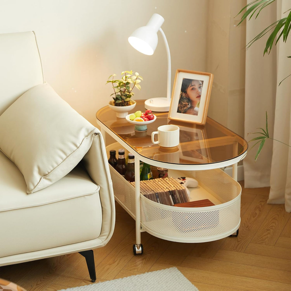 Movable Oval Coffee Table with Tempered Brown Glass and Storage, 35'' x 17'' Stylish Functional Metal & Glass Tea Table for Living Room
