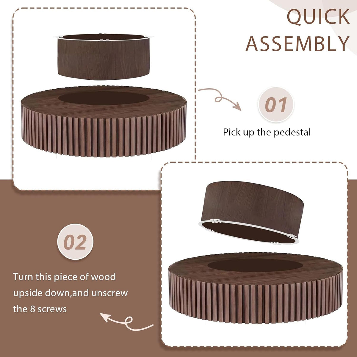 31.49' Walnut Coffee Table Round Wood, Modern Unique Fluted Tea Table, Contemporary Drum Circle Accent Center Table for Living Room, Small Space, Apartment