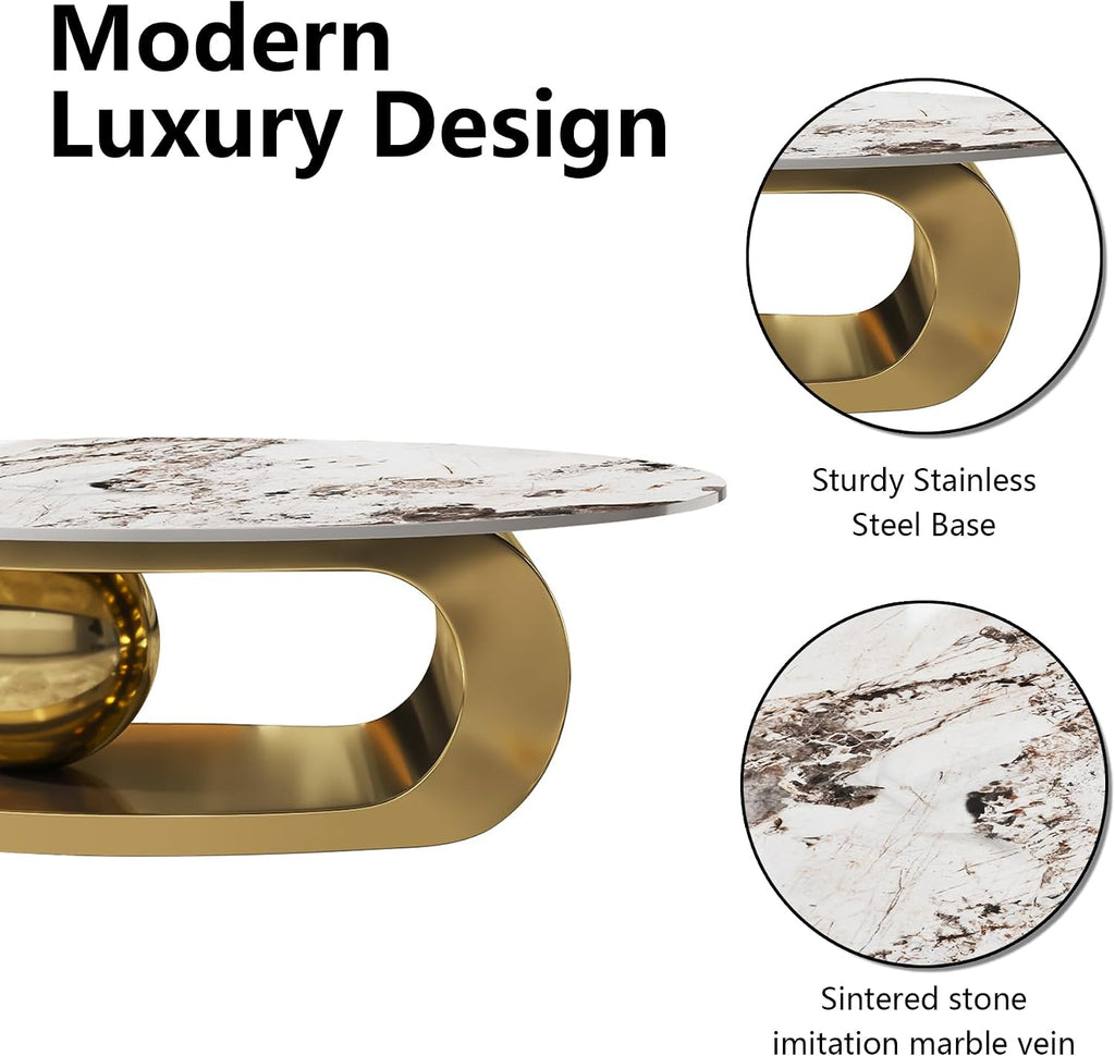 Modern Coffee Table Marble Top,Oval Coffee Table for Living Room,White Center Table with Stainless Steel Base Gold Base for Home,Office