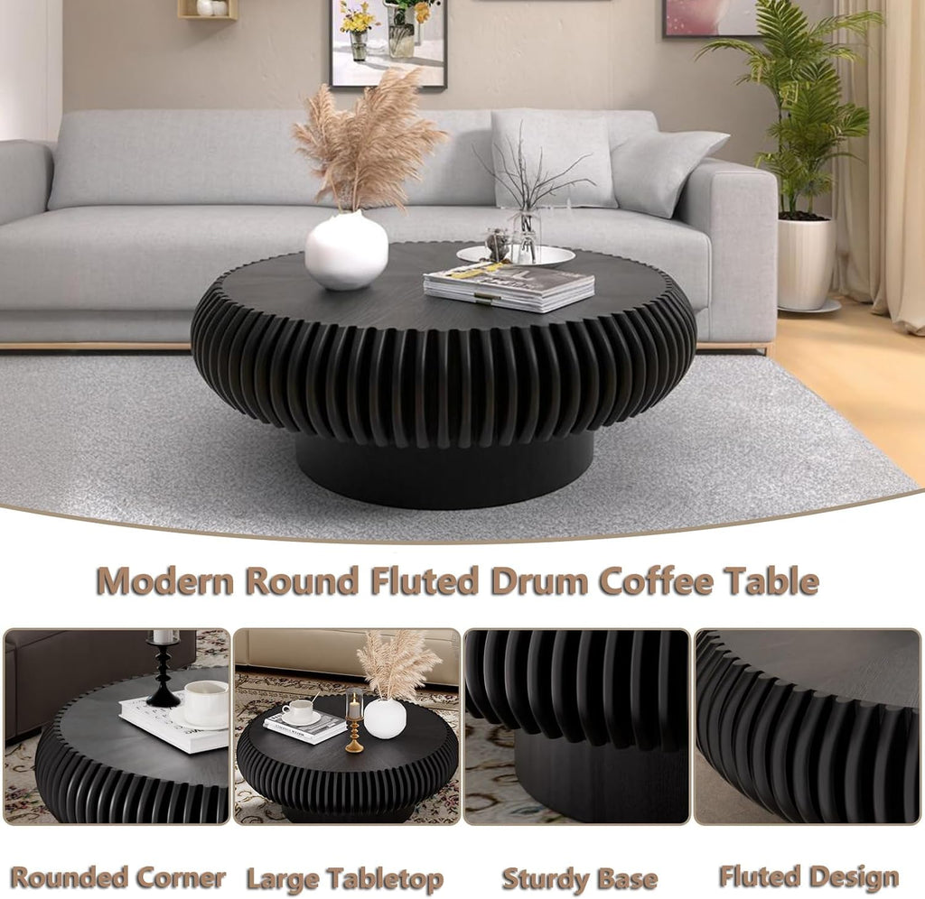 Round Handcraft Fluted Coffee Table with Sturdy Stable Pedestal Modern Luxury Drum Center Table Circle Accent Base Center Tables for Living Room Apartment (N)