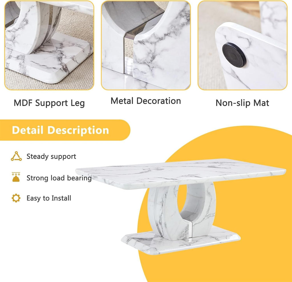 LKTART Rectangle Coffee Table for Living Room, Imitation Marble Coffee Tables with Storage, Modern Stable Base Center Tea Table for Dining Room Small Space Apartment (43.3''L×22.4''W-White)