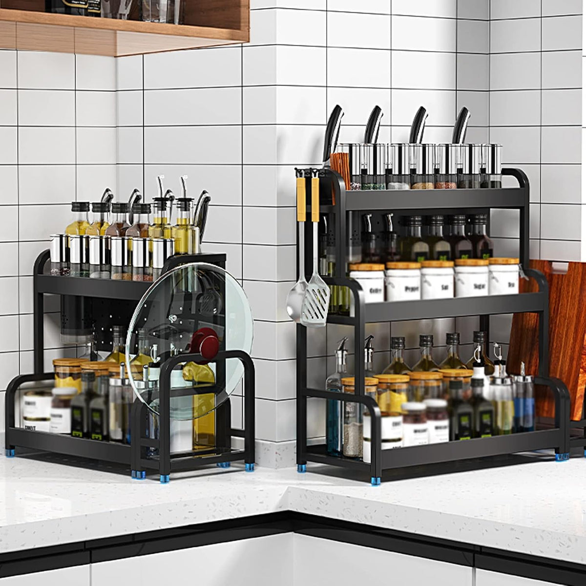 Spice Rack Black Spice Racks, Kitchen Countertop Organizer Corner Shelf,3 Tier Spice Rack Kitchen Shelf Organizer Rack, Stainless Steel Spice Storage Rack with,Black Two Layers-30CM