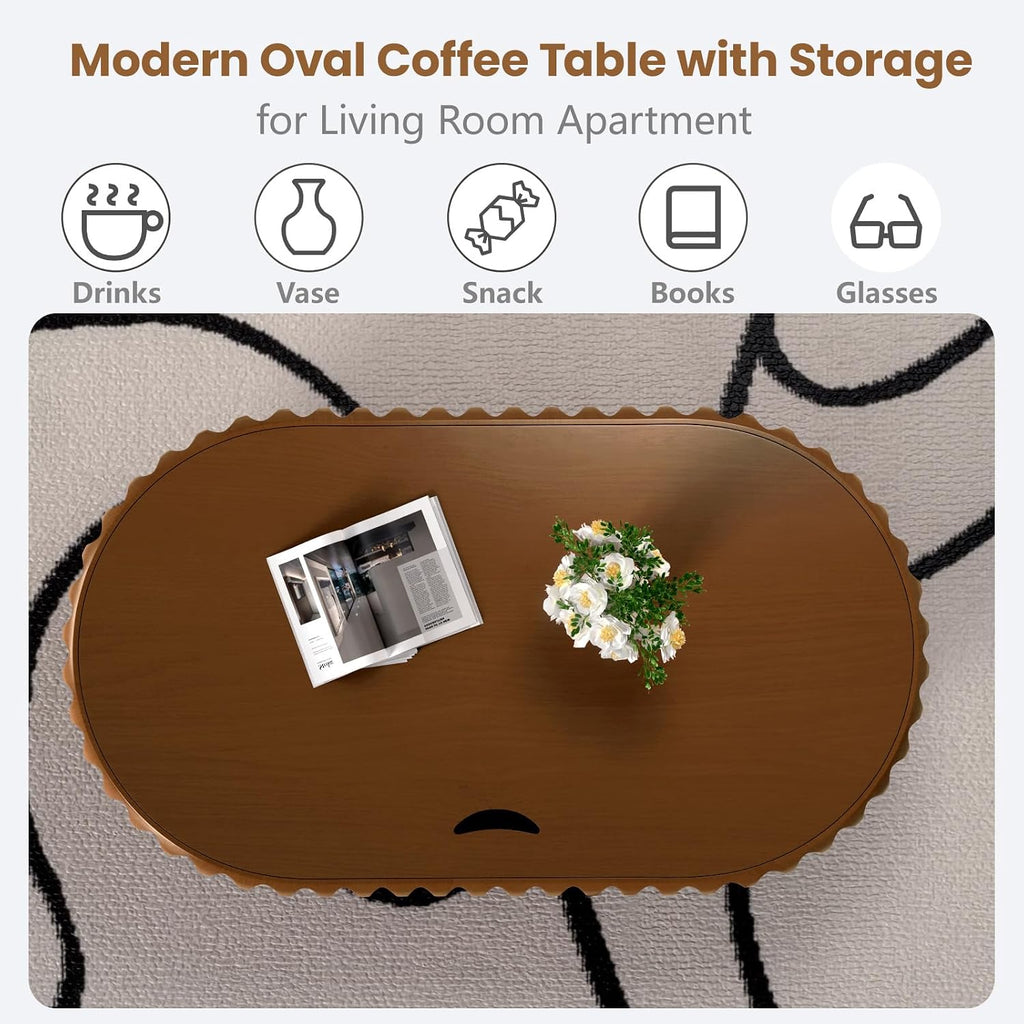 43.3'' Oval Coffee Table with Storage Modern Fluted Drum Coffee Tables with Solid Wood Veneered, Accent Center Table Tea Table for Living Room, Apartment, Home, Office (Brown Oval43.3)