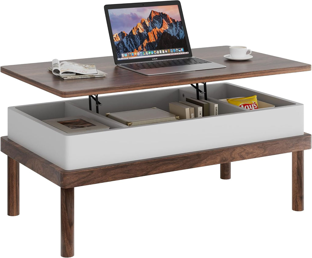 Shintenchi Coffee Table, Lift Top Coffee Table with Hidden Compartment, Rising Tabletop Dining Table, Lift Top Coffee Center Table for for Living Room, Office, Home (Walnut)