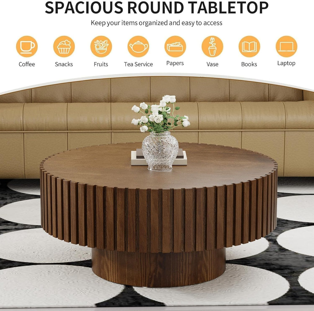 Handcrafted Round Fluted Coffee Table, Modern Mid Century Minimalist Elegant Drum Circle Coffee Table with Sturdy Pedestal for Living Room Apartment (J)