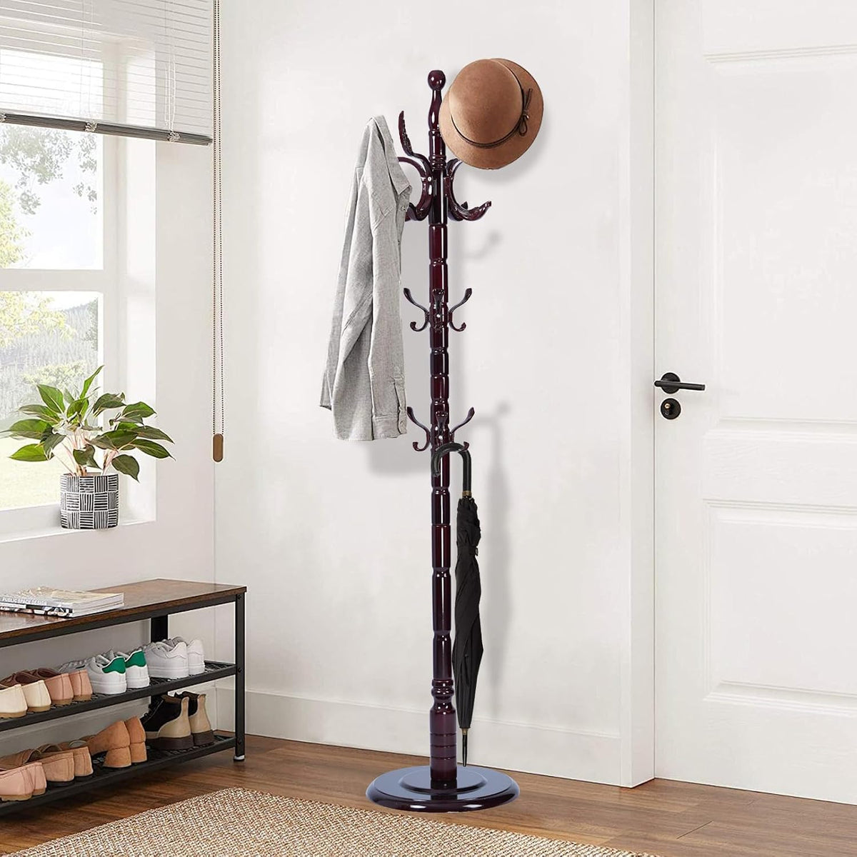 Wooden Coat Rack Freestanding, Vintage Coat Racks with Sturdy Round Base, Adjustable Height 37.40'-72.83' Entrance Coat Rack for Bedroom Living Room Entryway (Solid Wood Fenghuang Gou)