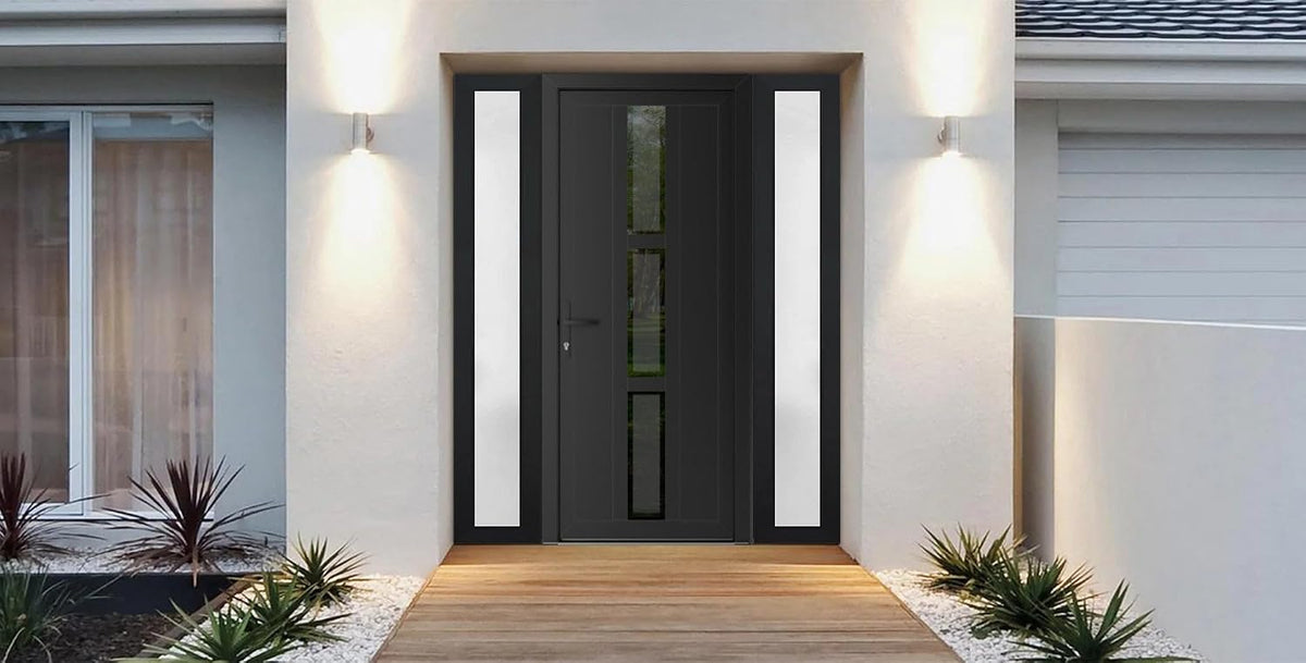 VDOMDOORS Front Exterior Prehung Metal-Plastic Door Frosted Glass | Manux 8112 Matte Black | 2 Side Sidelite Transoms | Residential Doors Entrance Patio Garage 60 x 80 (W12+36+12 x H80) Right-Inswing