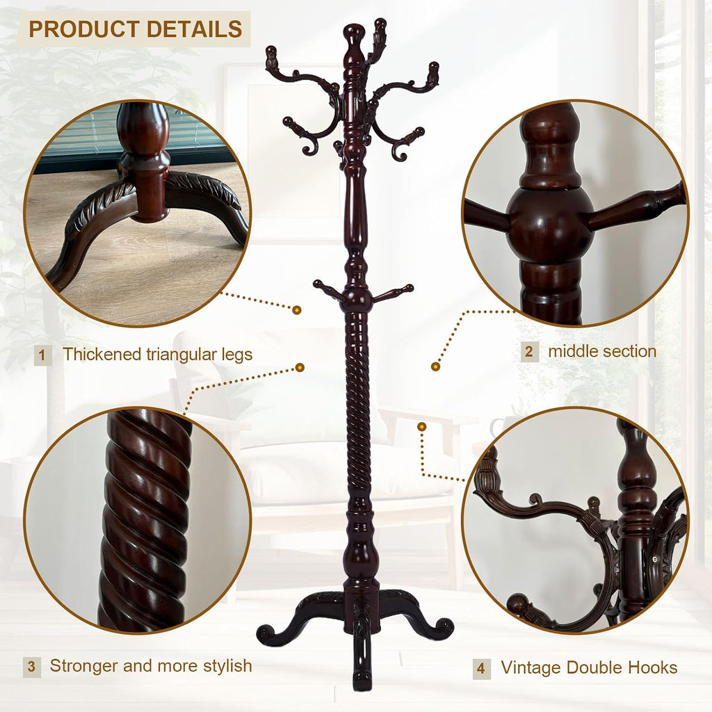 Coat Rack Freestanding with 18 Hooks, Wooden Standing Coat Racks for Entryway, Solid Wood Clothes Hanger Rack with Sturdy Round Base for Entryway, Hall, Bedroom, Office, Hallway (Triangular base)