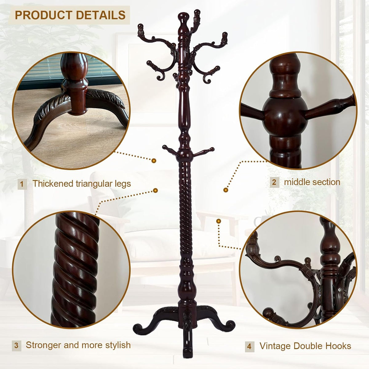 Coat Rack Freestanding with 18 Hooks, Wooden Standing Coat Racks for Entryway, Solid Wood Clothes Hanger Rack with Sturdy Round Base for Entryway, Hall, Bedroom, Office, Hallway (Triangular base)