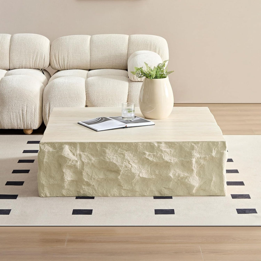 LKTART Square Coffee Tables for Living Room, Imitation Stone Fiberglass Center Table Modern Aesthetic Coffee Table for Office,Apartment,No Need Assembly