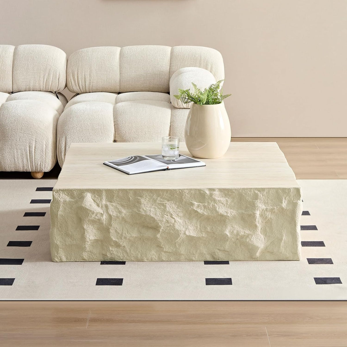 LKTART Square Coffee Tables for Living Room, Imitation Stone Fiberglass Center Table Modern Aesthetic Coffee Table for Office,Apartment,No Need Assembly