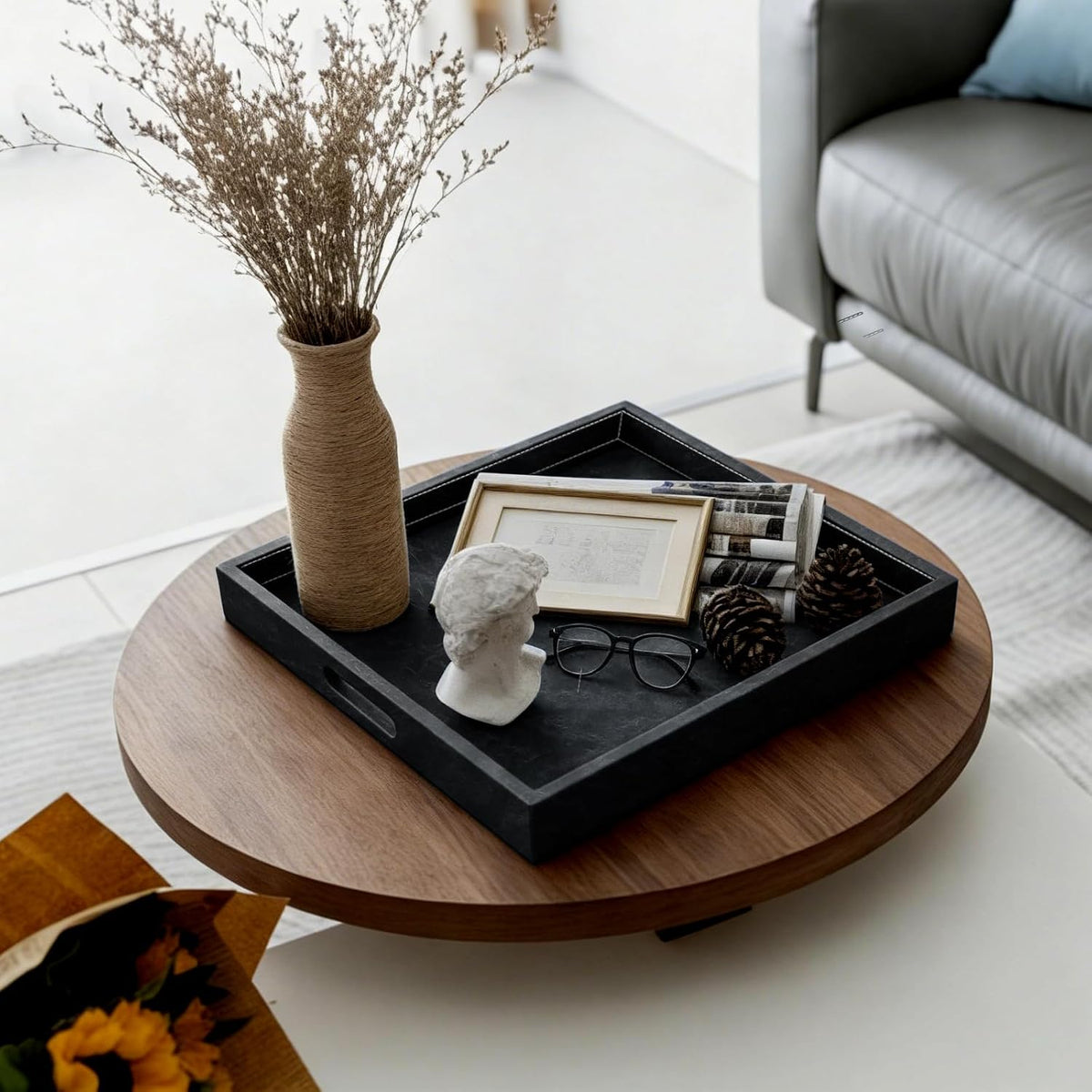 25 x 25 inches Leather Ottoman Serving Tray with Hole Handles, Square Large Modern Service Tray for Living Room, Coffee Table, Bed, Tea, Food, Butler Countertop, Kitchen, Dinner, Picnic (Black)