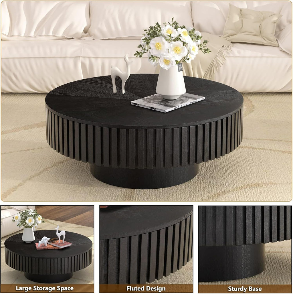 Fluted Round Coffee Table, Modern Wooden Coffee Table with Sturdy Base, Veneer Handcrafted Relief Circle Accent Center Tables for Living Room Apartment Small Space (HS)