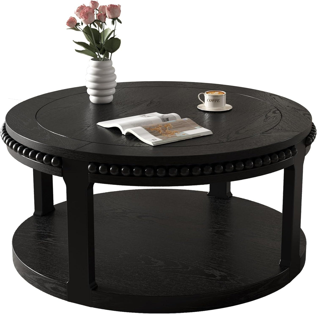 Round Coffee Table for Living Room 31.5' W Small Coffee Tables with Storage Shelf 2-Tier Modern Design Industrial Circle Wood Center Home Furniture Apartment Office Black