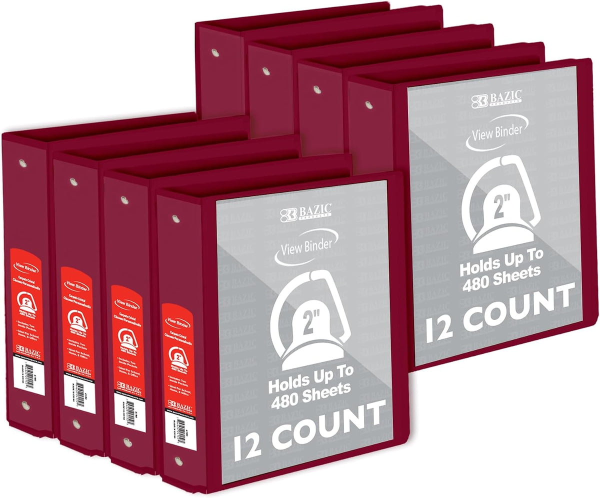 BAZIC Products 3 Ring Binder 2' View Binders Slant D Ring Organizer - Burgundy, Hold 480 Sheets Paper, for School Office Home, 12-Count