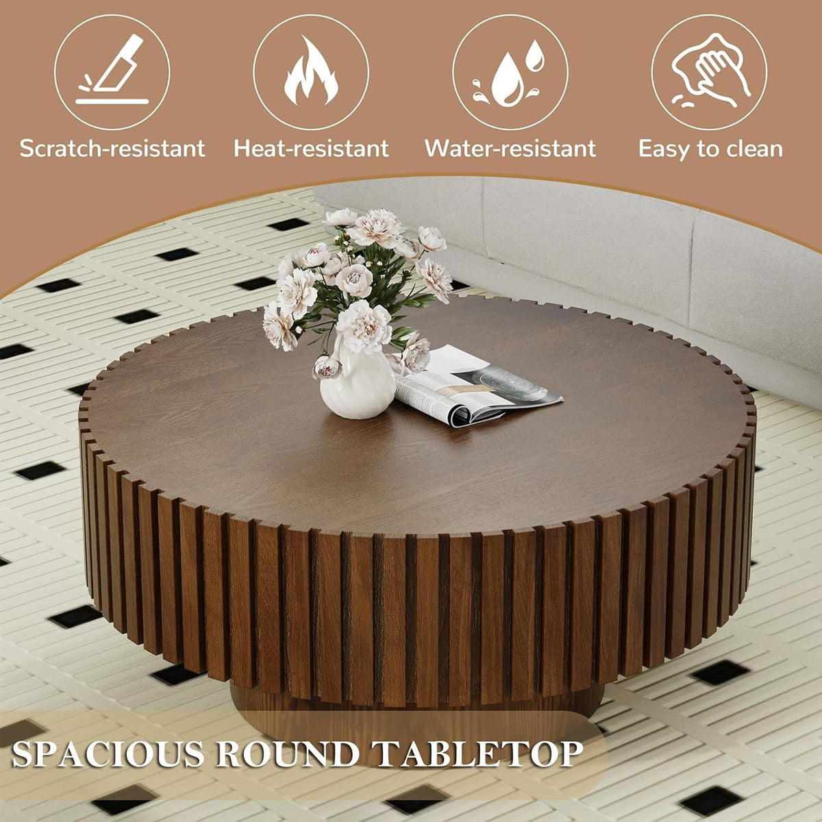 Handcrafted Round Fluted Coffee Table, Modern Mid Century Minimalist Elegant Drum Circle Coffee Table with Sturdy Pedestal for Living Room Apartment (J)