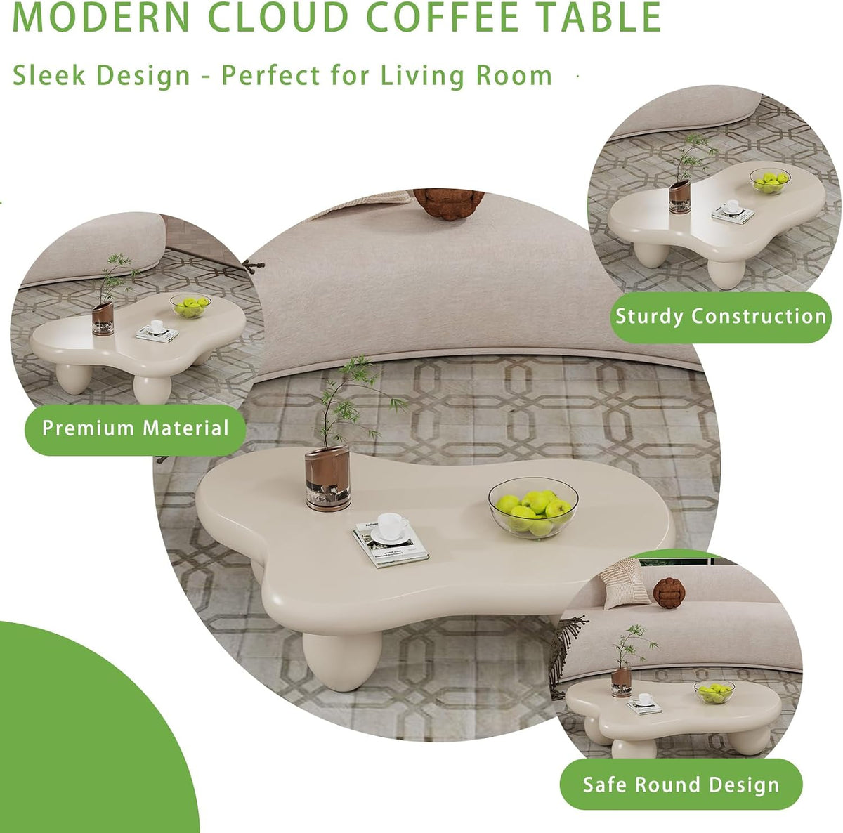 Cloud Coffee Table, Cute Irregular Coffee/Tea Table with Large Tabletop, Accent Cocktail Table, Cloud Shape Modern Coffee Table for Living Room, Office, Home Dec (C White 41.33 inch)