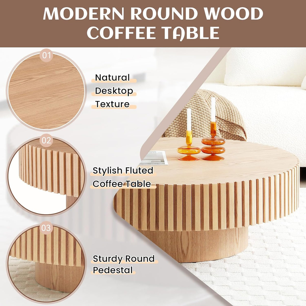 39.37' Round Coffee Table Wood, Modern Unique Oak Circle Coffee Table, Contemporary Drum Wooden Fluted Coffee Table Side Center Table for Living Room,Apartment,Office, Natural Ash