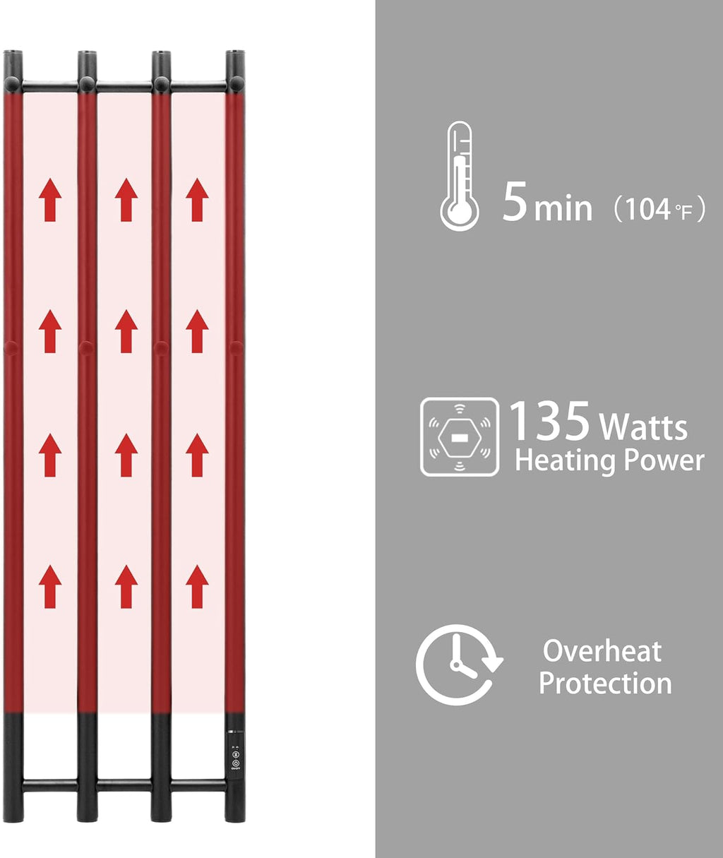 KEG Towel Warmer Wall Mounted 43-Inch Four Towel Bar with Built-in Timer, Electric Stainless Steel Heated Towel Racks for Bathroom, Matte Black