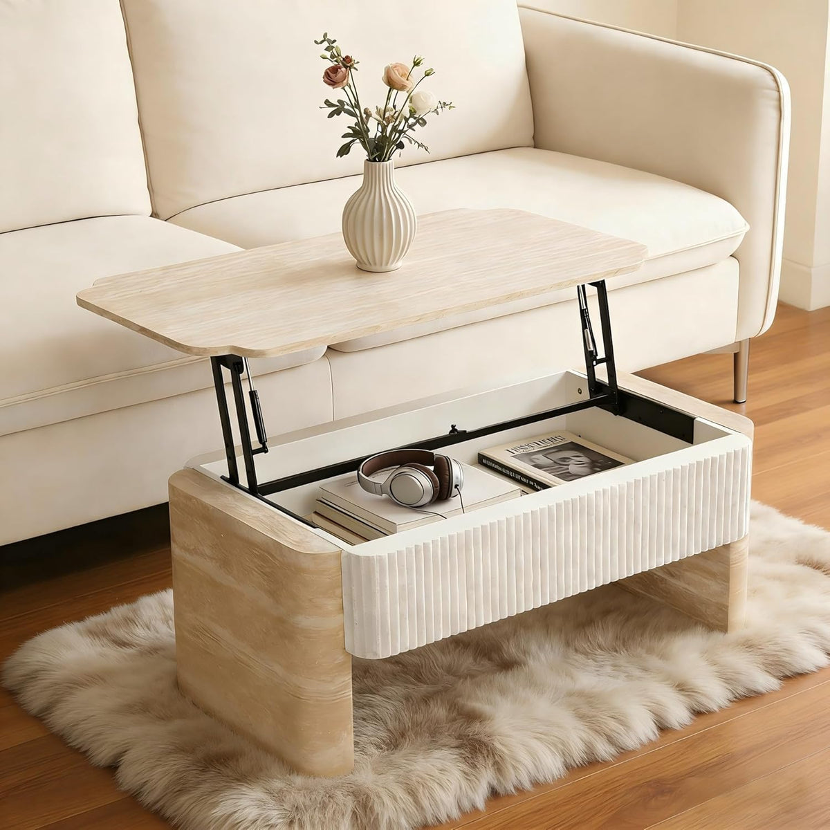 39' Lift Top Coffee Table with Hidden Storage, Faux Marble Lift Pull Up Tabletop for Living Room, Modern Wooden Rectangular Coffee Table, Beige Mars Pattern