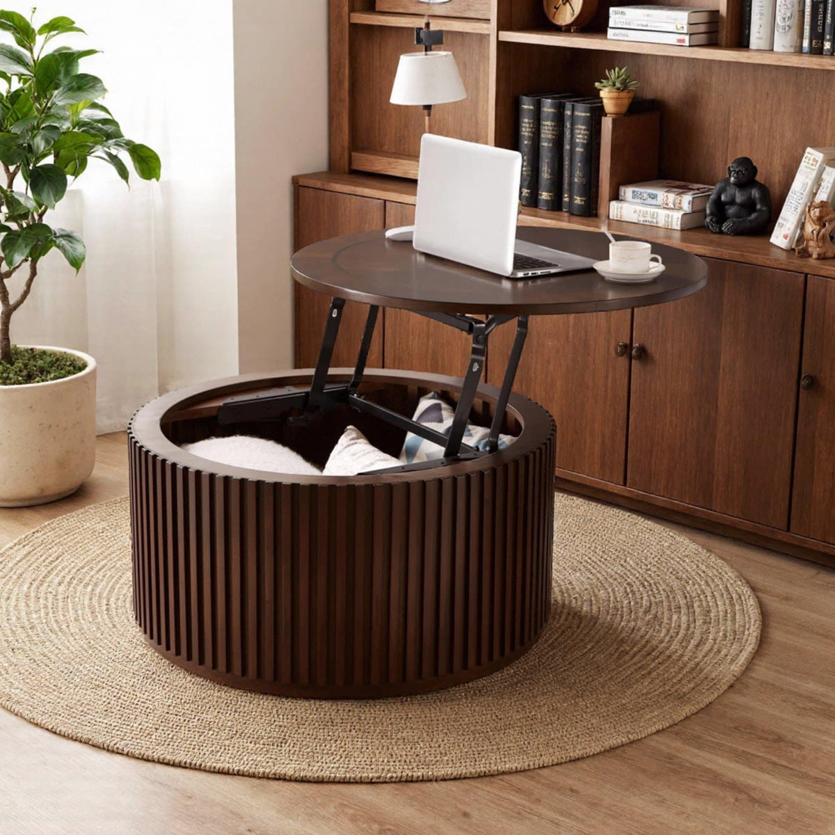 Round Lift Top Coffee Table with Storage, Wood Circle Center Table No Assembly Required with Large Hidden Compartment, Modern Drum Coffee Table for Living Room, Office (31'x31'x16')