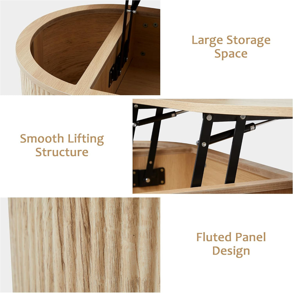 ORRD Lift Top Coffee Table, Fluted Coffee Table with Lifting Top, Wooden Lift Up Dining Table with Hidden Compartment, Center Table for Living Room, Office - Oak