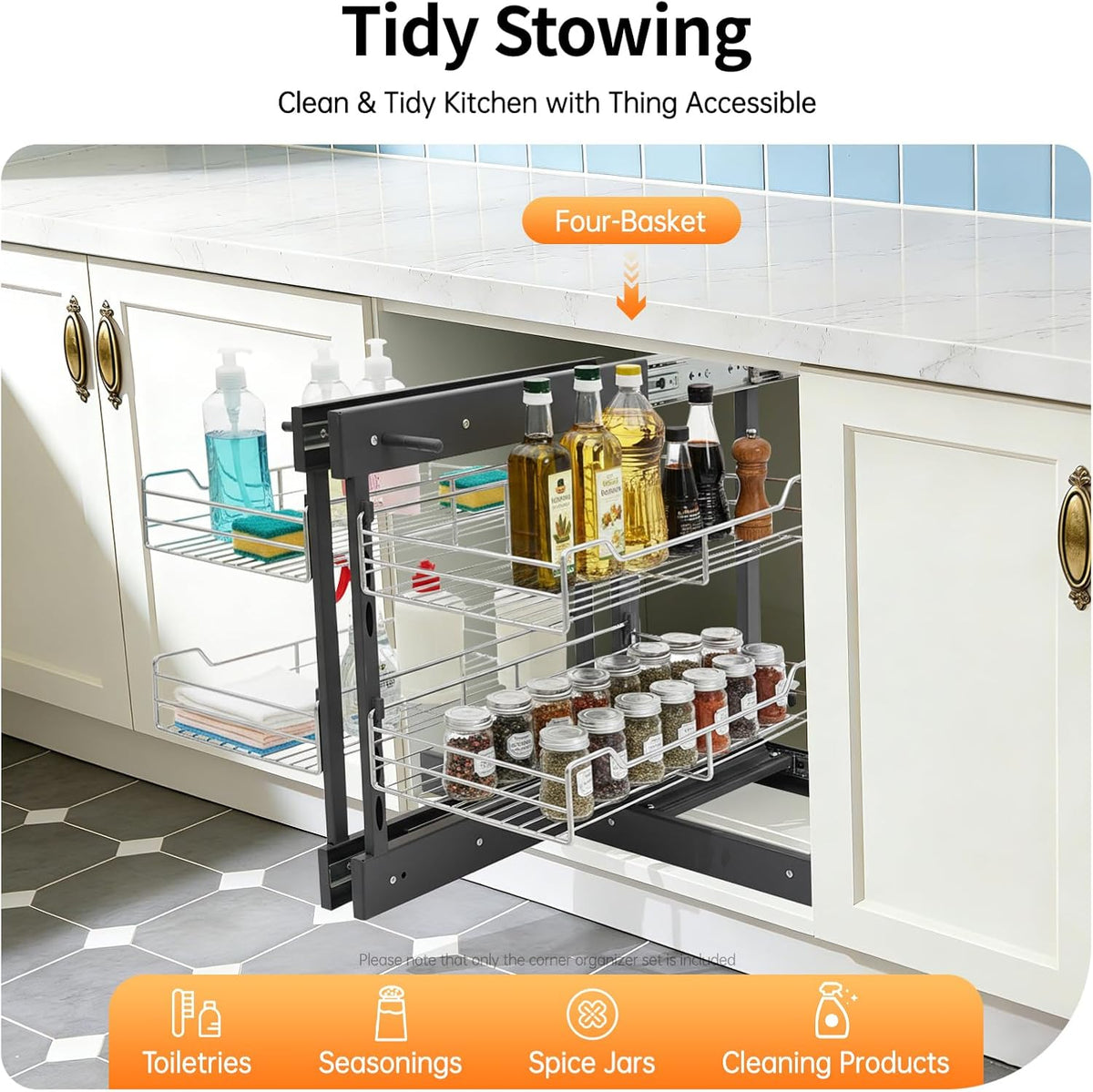 Blind Corner Pull Out Organizer, 2-Tier Pull Basket Corners Cabinet with 4 Storage Baskets, Pull-Out Basket Blind Corner Cabinet Storage Shelf for Home Kitchen