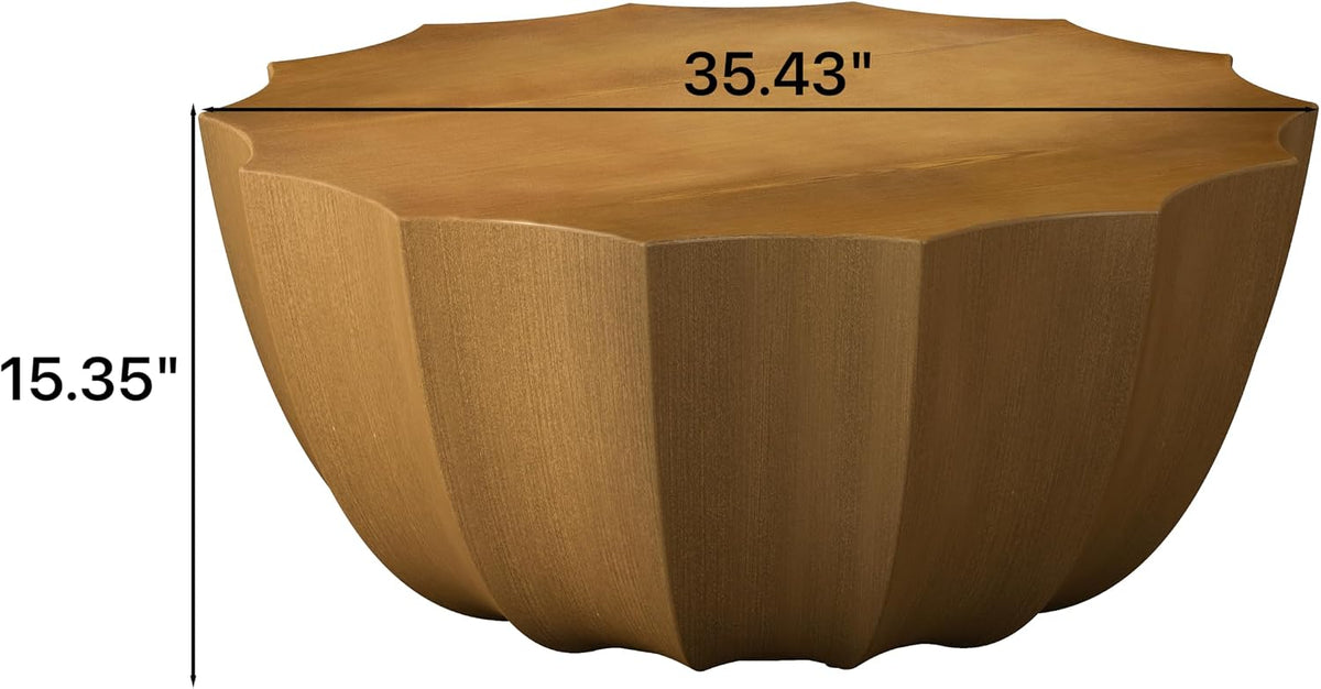 ø35.43'' Faux Stone Coffee Table for Living Room & Outdoor, Faux Concrete Cement Round Circle Drum Coffee Table, MGO Material for Waterproof, No Assembly, Wood