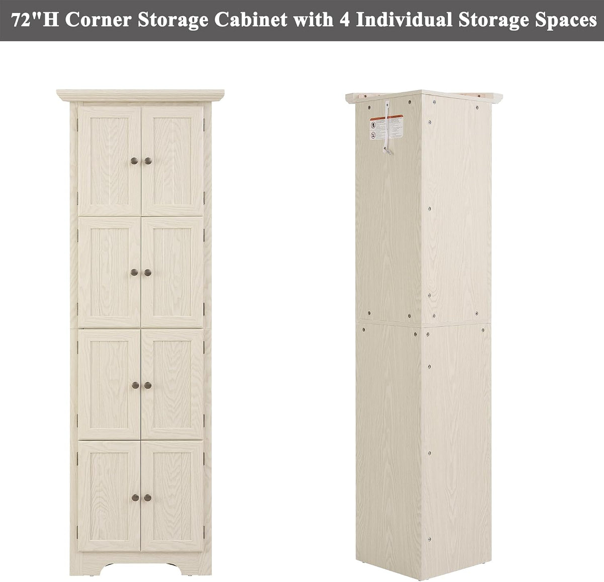 72' H Farmhouse Corner Storage Cabinet with 8 Doors & 4 Shelves, 4 Tier Kitchen Corner Pantry Cabinet Wooden Organizer Case Bookshelf, Home Space Saver Cabinet for Kitchen,Living Room(White)