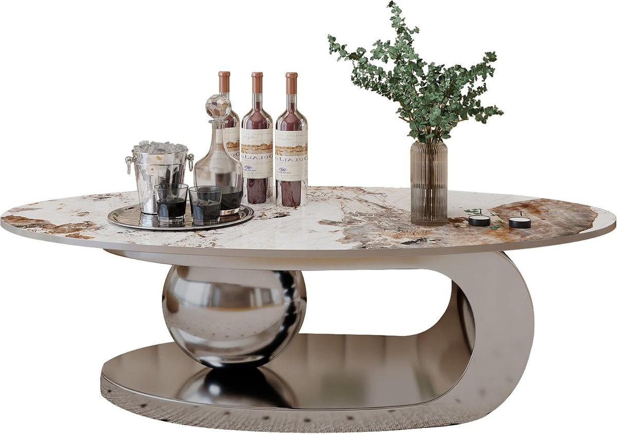 Marble Texture Coffee Table for Living Room,Modern Oval Coffee Table with Silver Stainless Steel Base for Office