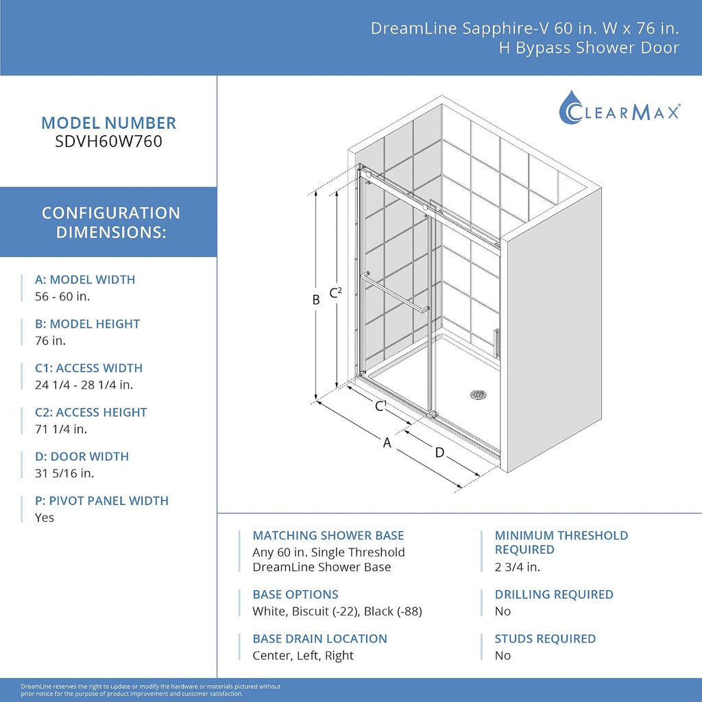 DreamLine Sapphire-V 56-60 inch W x 76 inch H Semi-Frameless Bypass Shower Door in Chrome