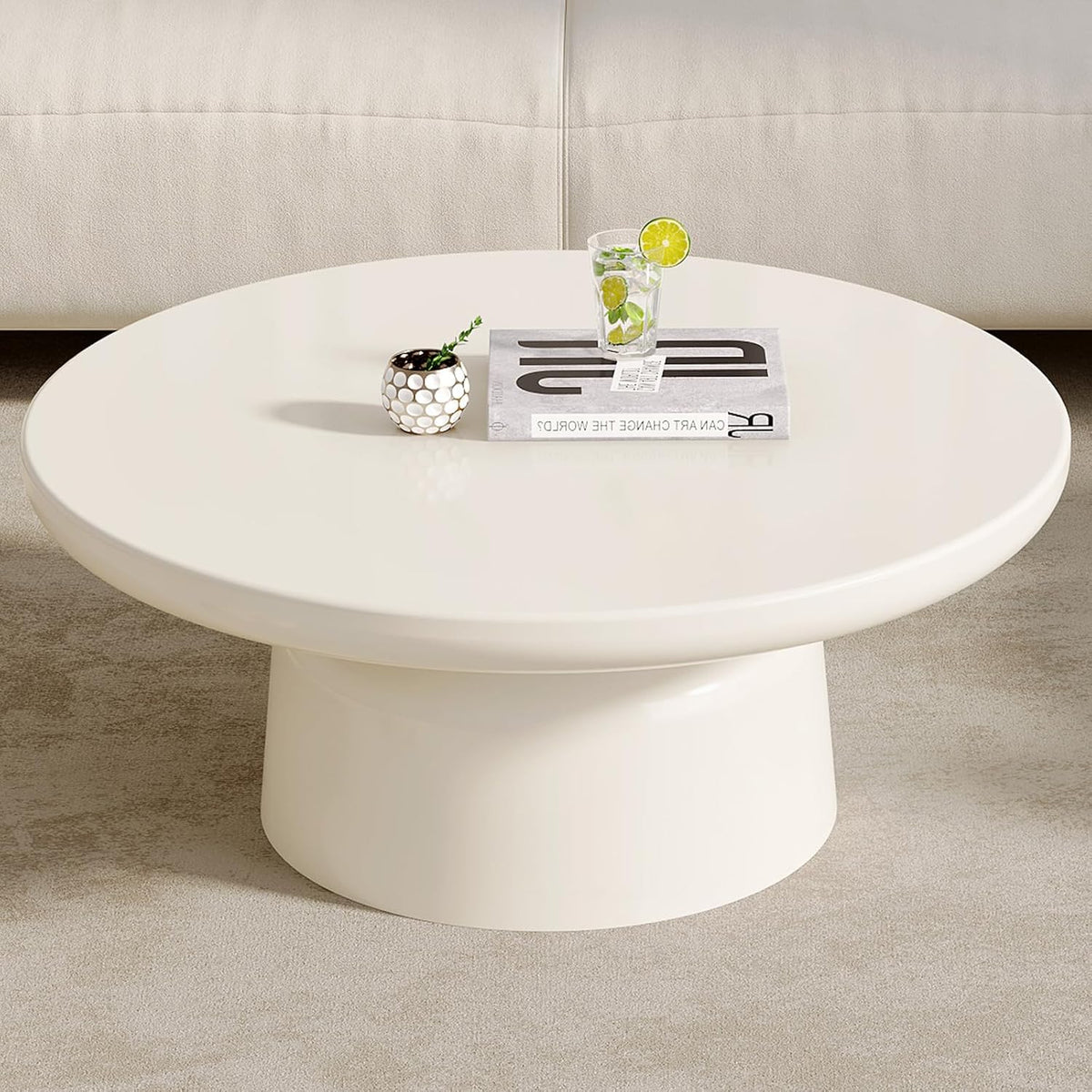 White Center Table, Round Coffee Table, Modern End Table for Living Room, Home Office, Easy Assembly
