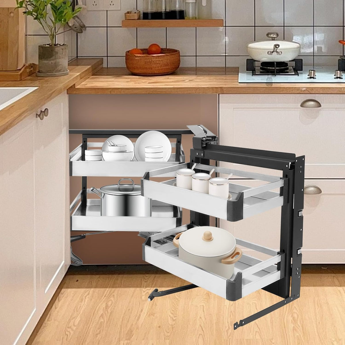 Blind Corner Cabinet Pull Out Organizer 2 Tier with 4 Detachable Shelves Magic Pull Out Deep Corner Cabinet Organizer Narrow Blind Cabinet Pull Out (Stainless Steel, Right Open)