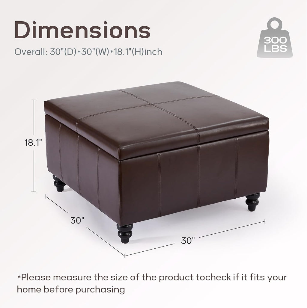 HUIMO Square Leather Storage Ottoman,Ottoman Coffee Table with Storage for Living Room (Brown)