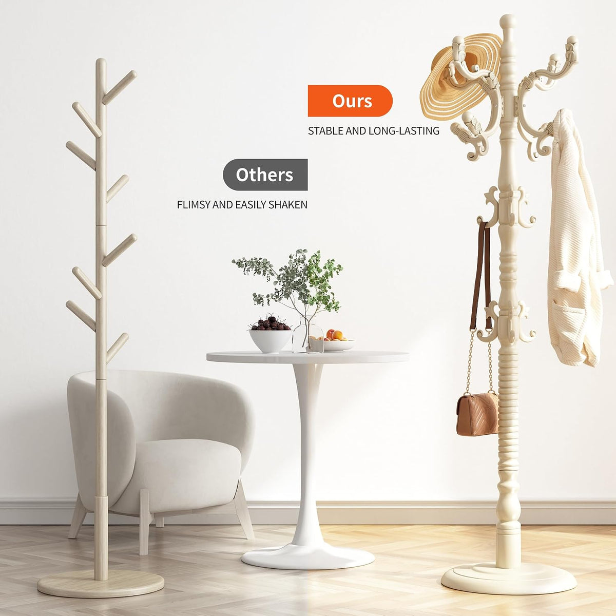 Wood Coat Rack Stand Wooden Coat Rack Freestanding Hall Coat Tree with Sturdy Round Base and 14 Hooks for Hats Bags Purses Vintage Coat Tree Hanger Stand for Entryway Hallway Bedroom, White