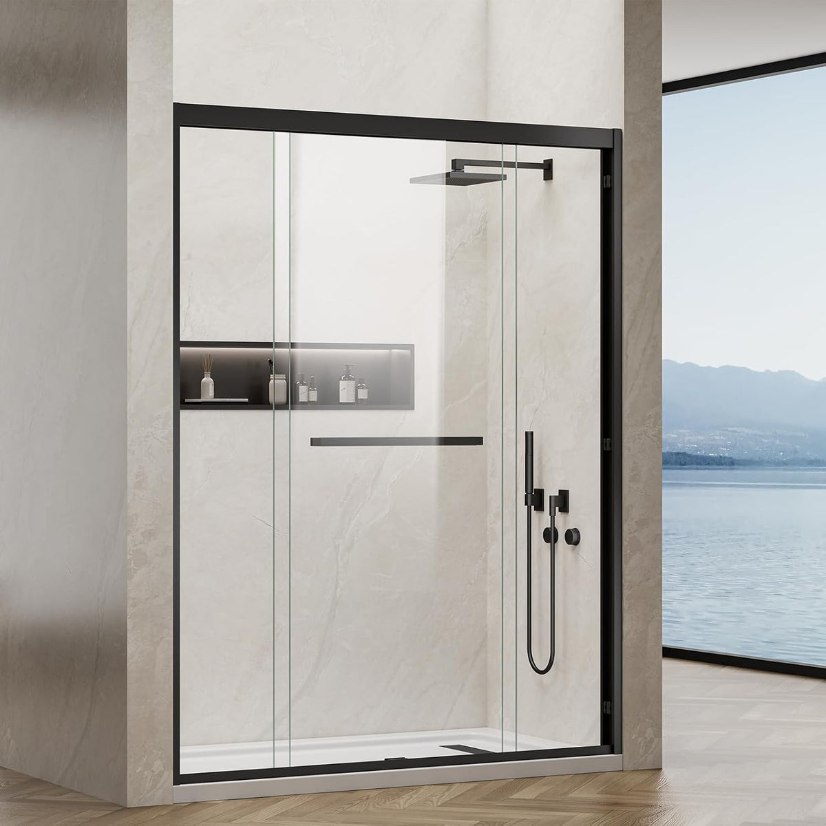 Double Sliding Shower Door 56-60 in. x 76 in., 5/16' (8mm) Tempered Glass, Double Nano Coated Glass, Easy to Clean, Dual Sliding Door for Bathroom - Matte Black