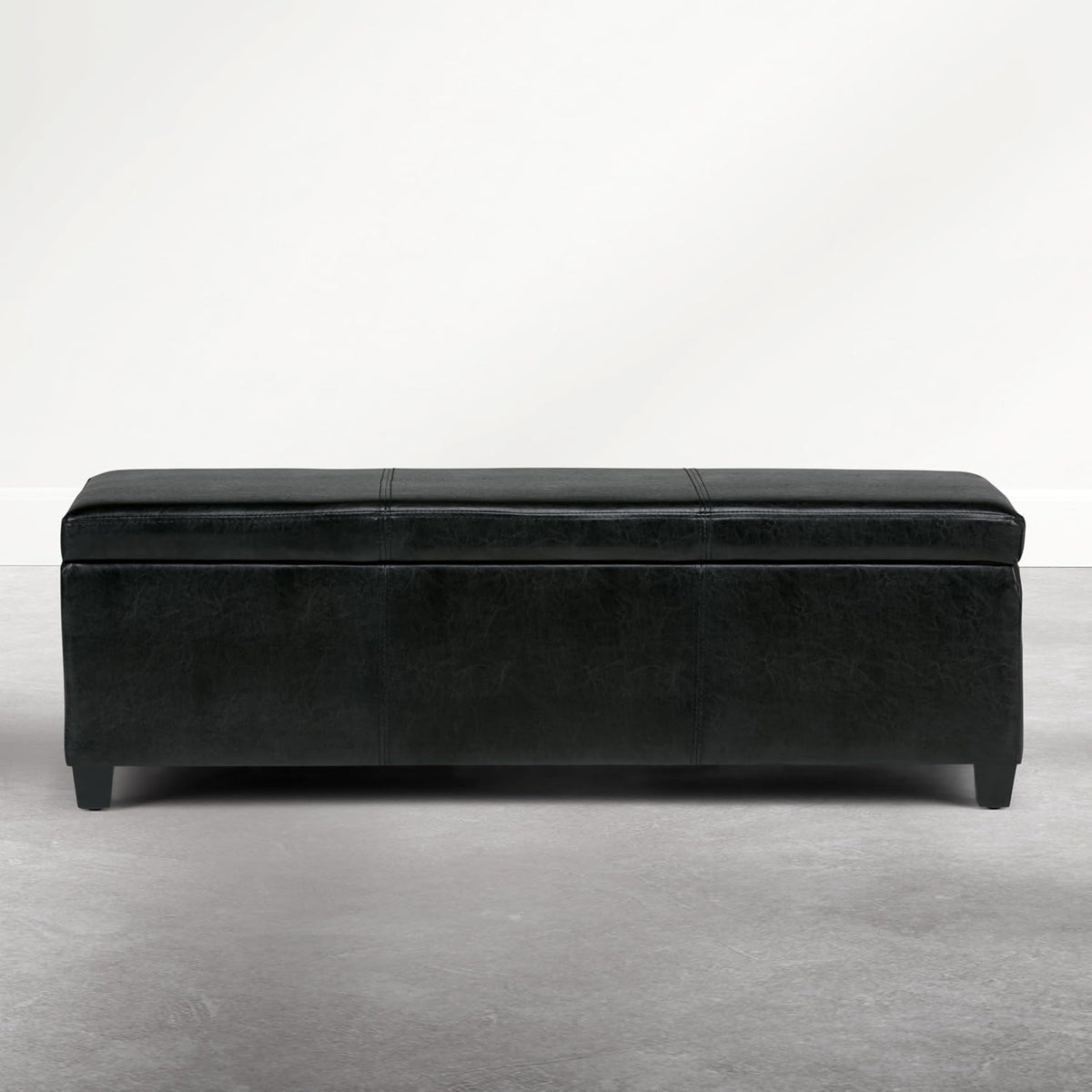 SIMPLIHOME Avalon Storage Ottoman Bench - 48 inch Wide Upholstered Vegan Leather Rectangle Storage Ottoman Bench in Carbon Black, Contemporary Ottoman for Living Room or Entryway with Lift-Up Lid