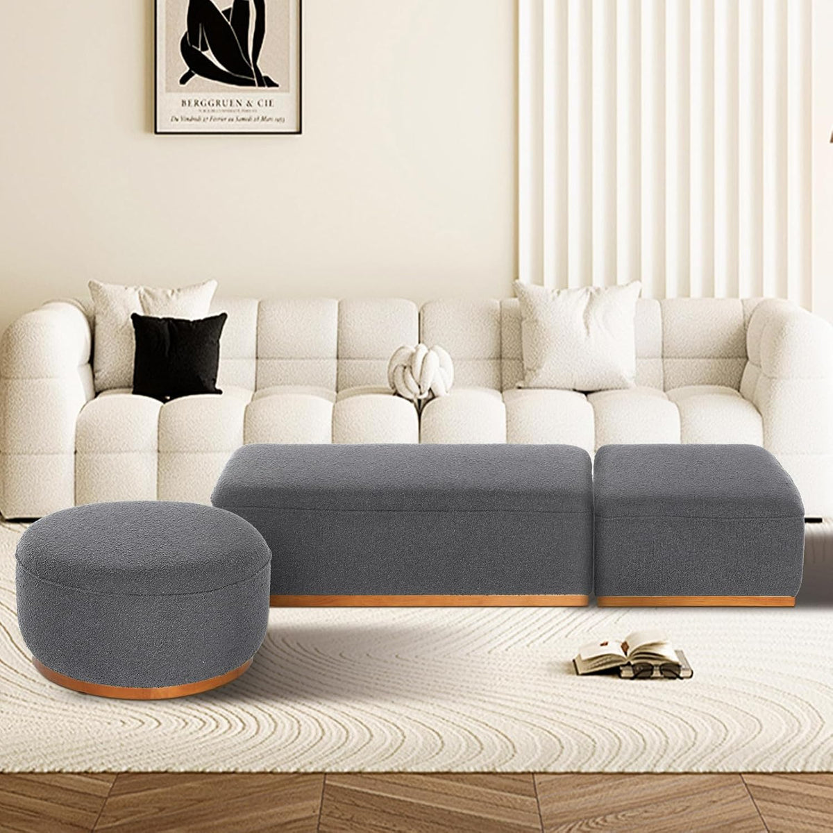 Rectangular Ottoman Coffee Table 30' Premium Fabric upholstered Coffee Table with high Density Foam and Solid Wood Frame, Stylish and Practical Living Room Furniture, Grey