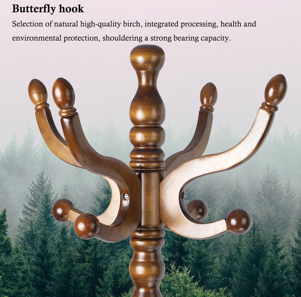 Coat Rack Stand, Solid Wooden Coat Tree with 11 Hooks, Heavy Duty Coat Rack Freestanding with Sturdy Round Base, Natural Birch Wood Coat Hanger Stand for Entryway Bedroom (brown Triangle)