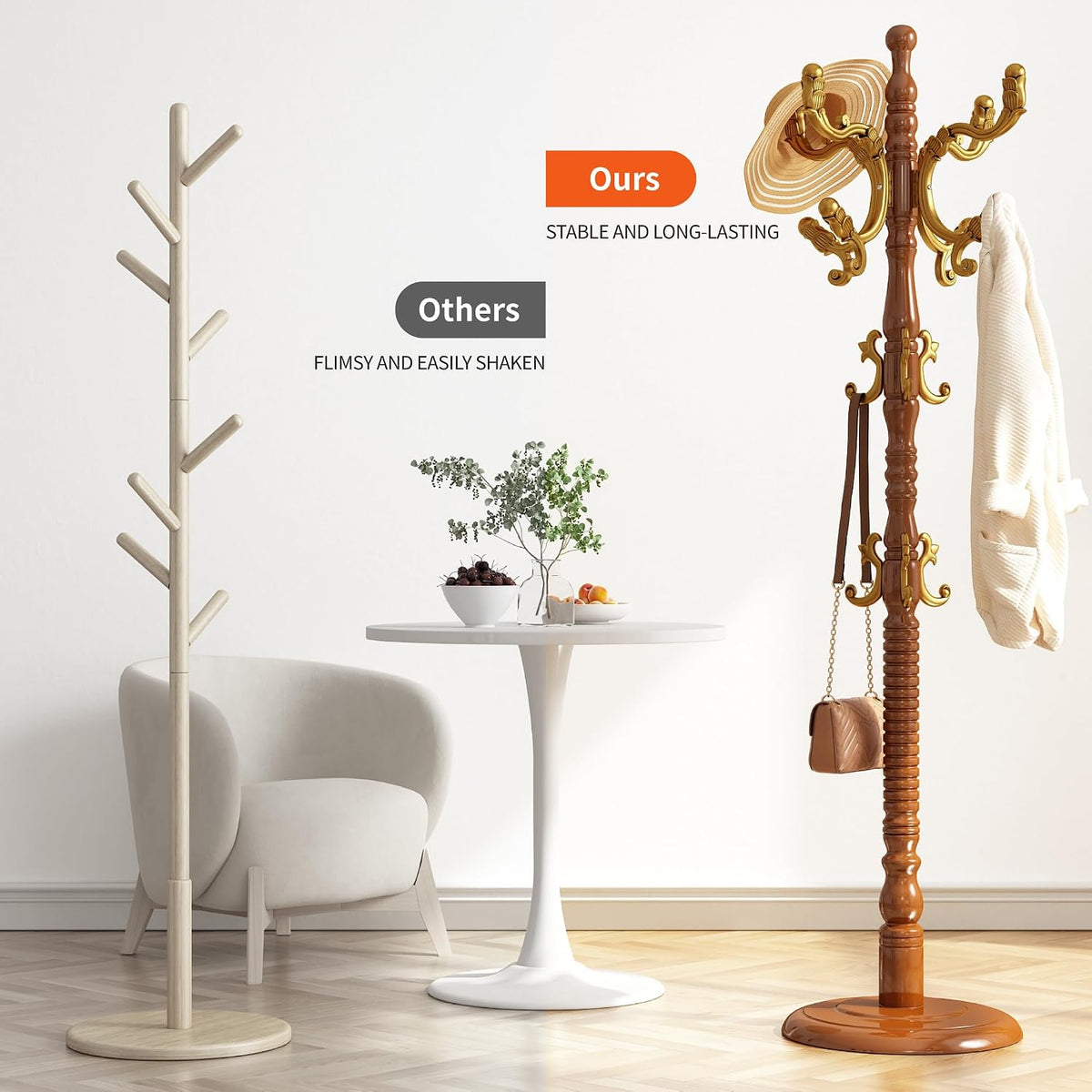 Wood Coat Rack Stand Wooden Coat Rack Freestanding Hall Coat Tree with Sturdy Round Base and 14 Hooks for Hats Bags Purses Vintage Coat Tree Hanger Stand for Entryway Hallway Bedroom, Begonia