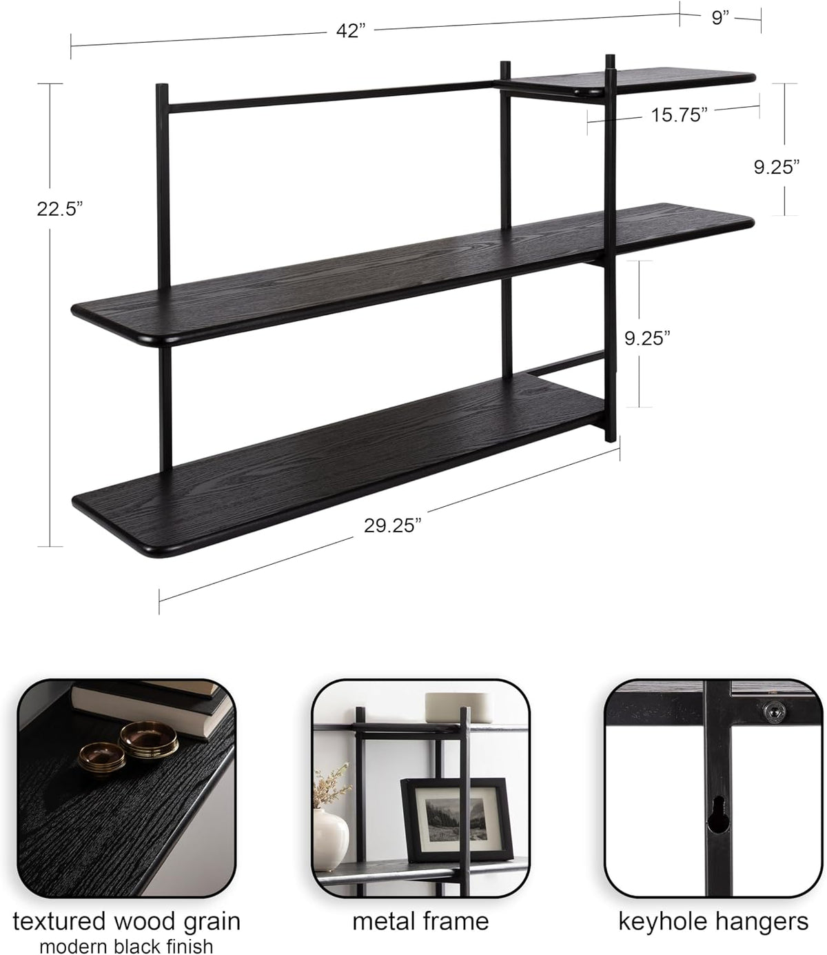 Kate and Laurel Ramone Three-Tiered Wall Shelf, 42 x 23, Black, Decorative Shelving Unit and Wall Organizer for Entryway Storage or Living Room Display Shelf