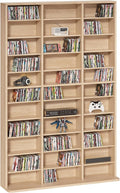 11 Tier Tall Display Cabinet, Natural Media Storage Cabinet with Adjustable Shelves, Free Standing DVD Organizer Shelf, Floor multimedia storage manga bookshelf for Living Room & Home Office.