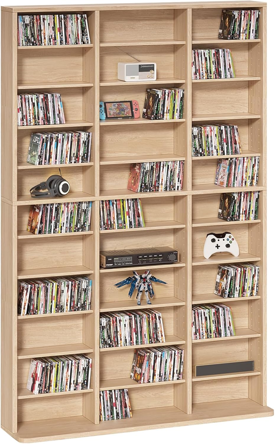 11 Tier Tall Display Cabinet, Natural Media Storage Cabinet with Adjustable Shelves, Free Standing DVD Organizer Shelf, Floor multimedia storage manga bookshelf for Living Room & Home Office.