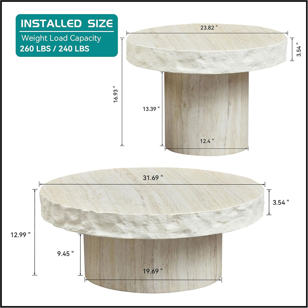 Faux Stone Round Coffee Table Set of 2 for Living Room, Modern Mid-Century Retro Pedestal Coffee Table, Fiberglass Material & Mars Textural Patterns, No Assembly, Beige