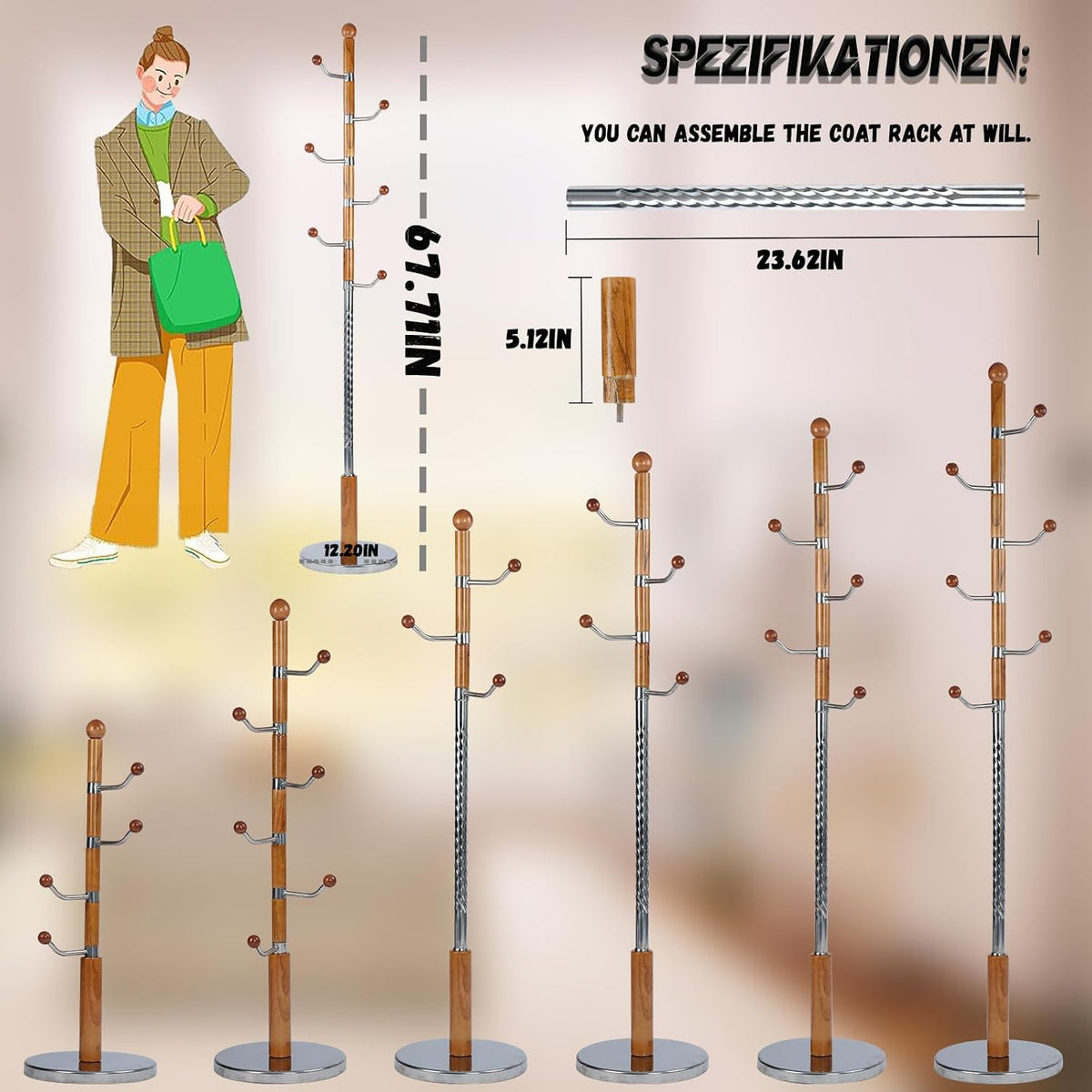 68 in Wood Coat Rack, Coat Rack Freestanding with Stable Round Base, Adjustable Height Tree Coat Racks Stand for Home Bedroom Office Hallway Entryway (Solid Wood Metal Hook)