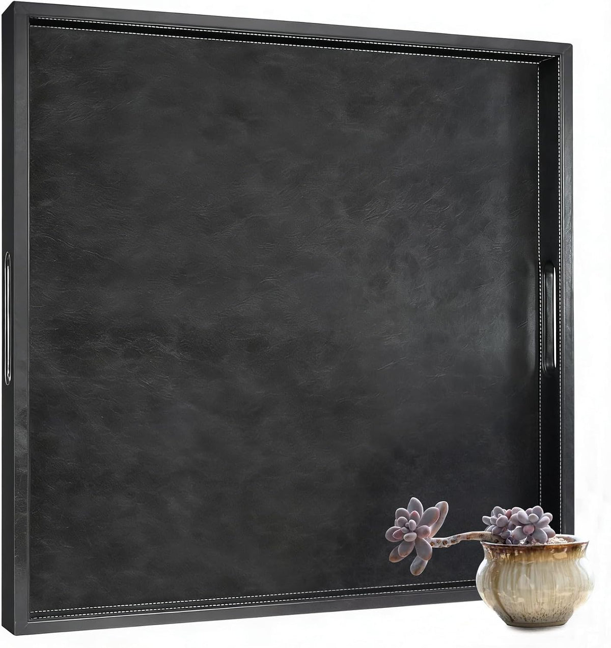 25 x 25 inches Leather Ottoman Serving Tray with Hole Handles, Square Large Modern Service Tray for Living Room, Coffee Table, Bed, Tea, Food, Butler Countertop, Kitchen, Dinner, Picnic (Black)